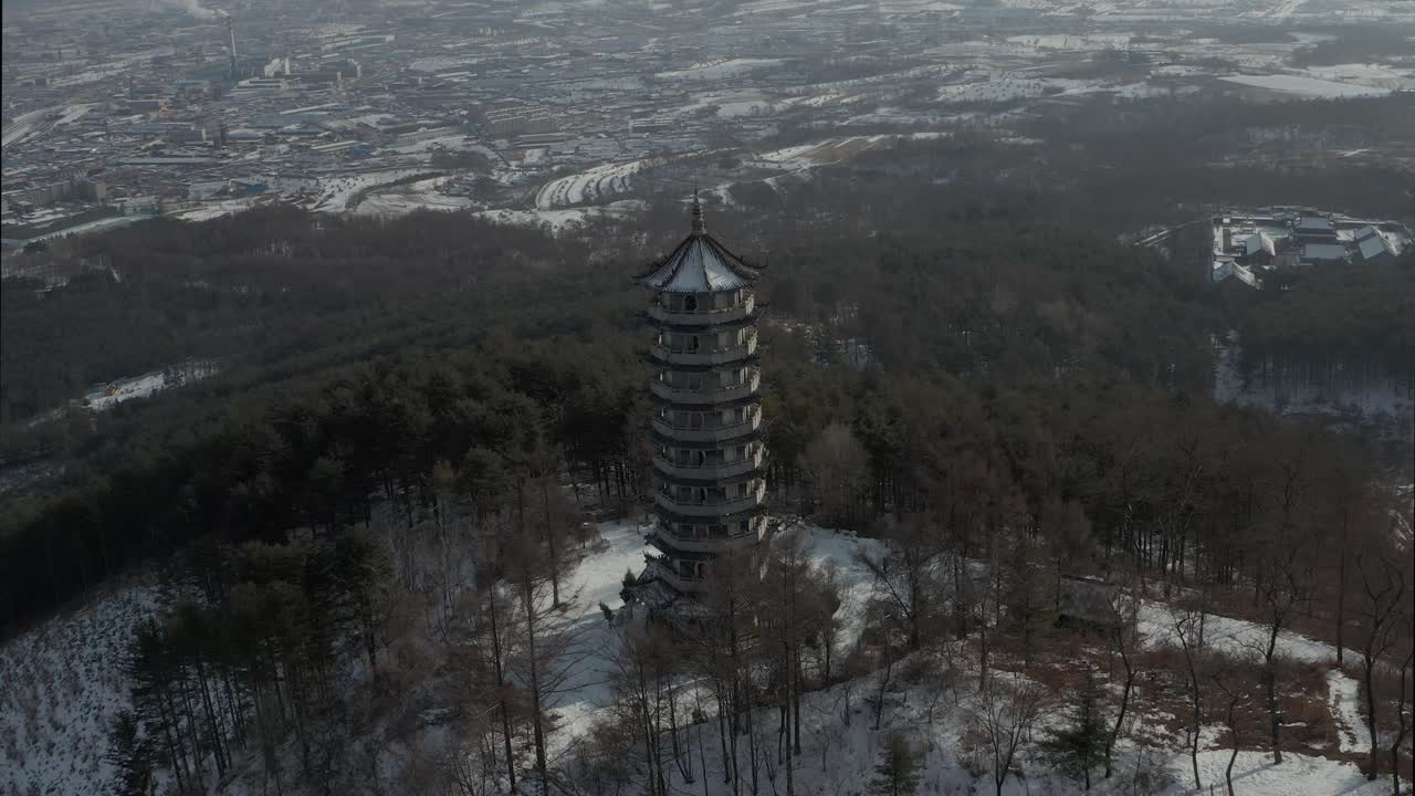 Aerial View of a Snow Covered Pagoda in China