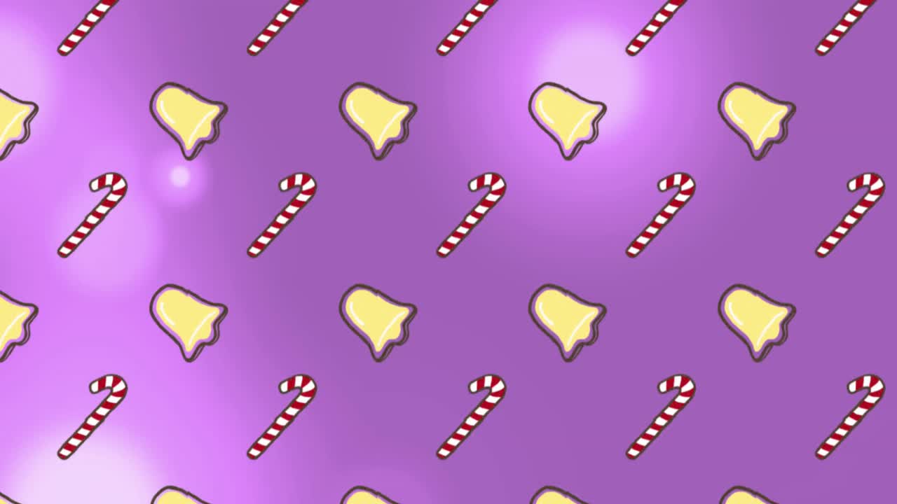 animación de galletas de navidad y bastones de caramelo sobre un fondo púrpura