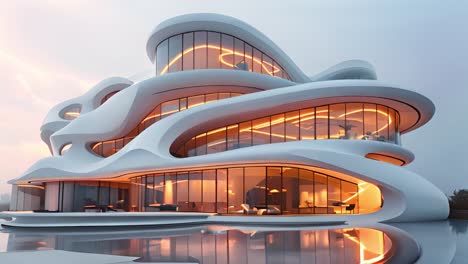 futuristic organic architecture with glowing interior and water reflection