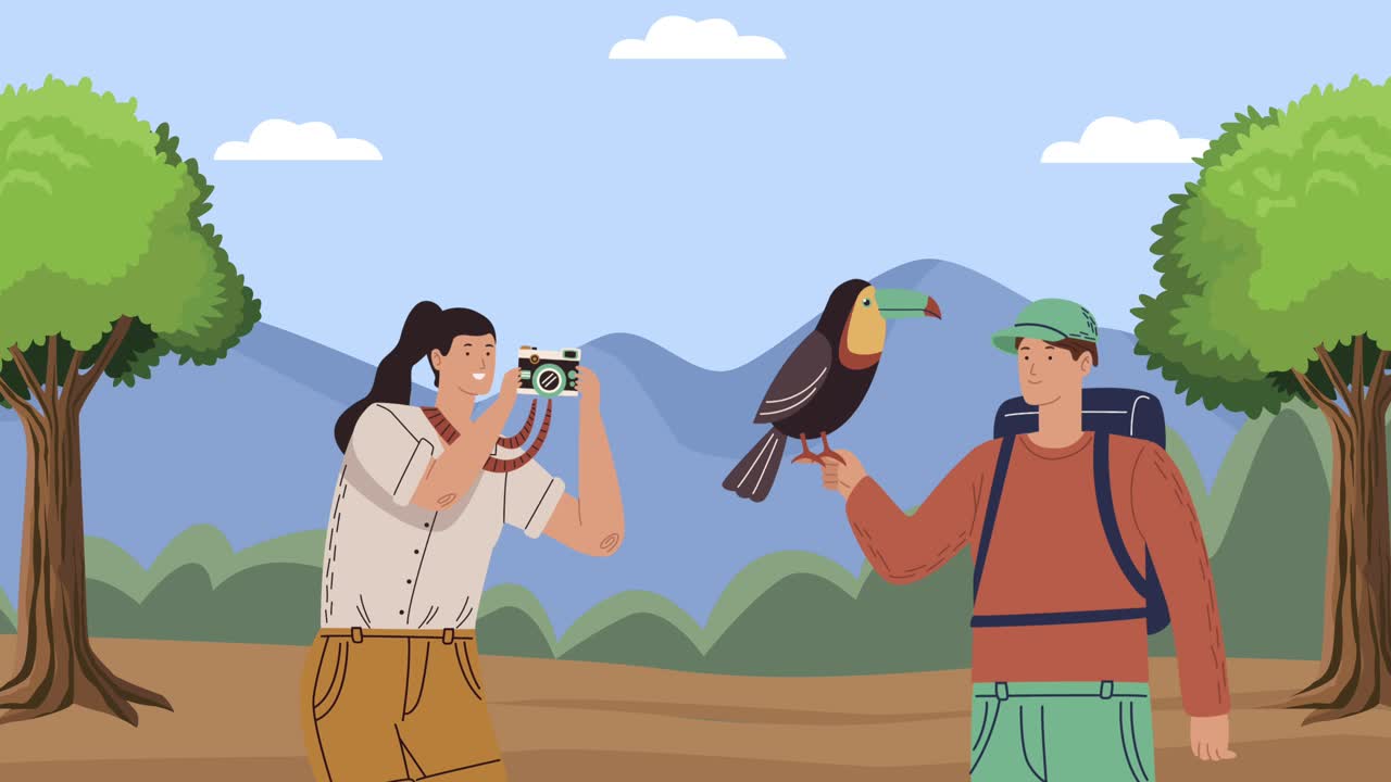 campers couple with camera and toucan