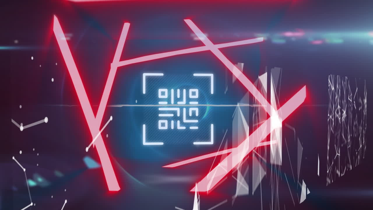 animación del procesamiento de datos y el código qr sobre luces de neón