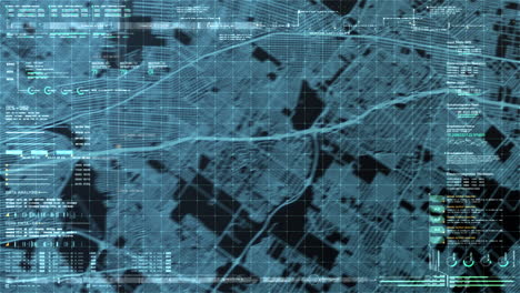 futuristic digital city map layout with satellite gps coordinate searching and target tracking, interface head up display screen with data telemetry information for background display