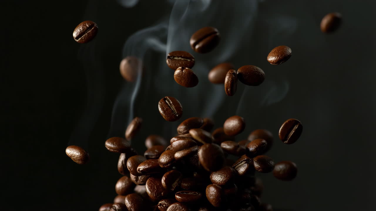 Roasted Coffee Beans Falling with Steam