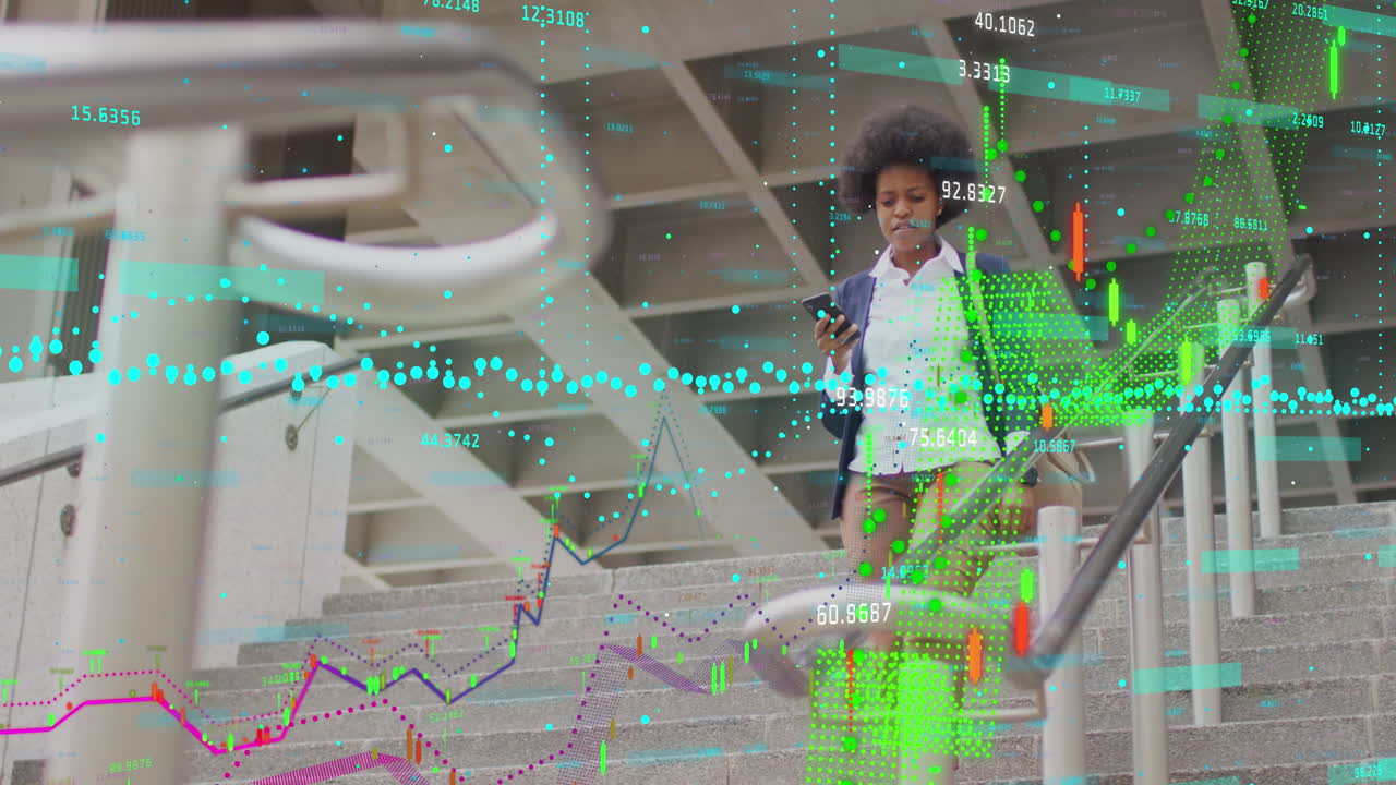 animación de datos de negocios sobre mujeres afroamericanas que usan teléfonos inteligentes