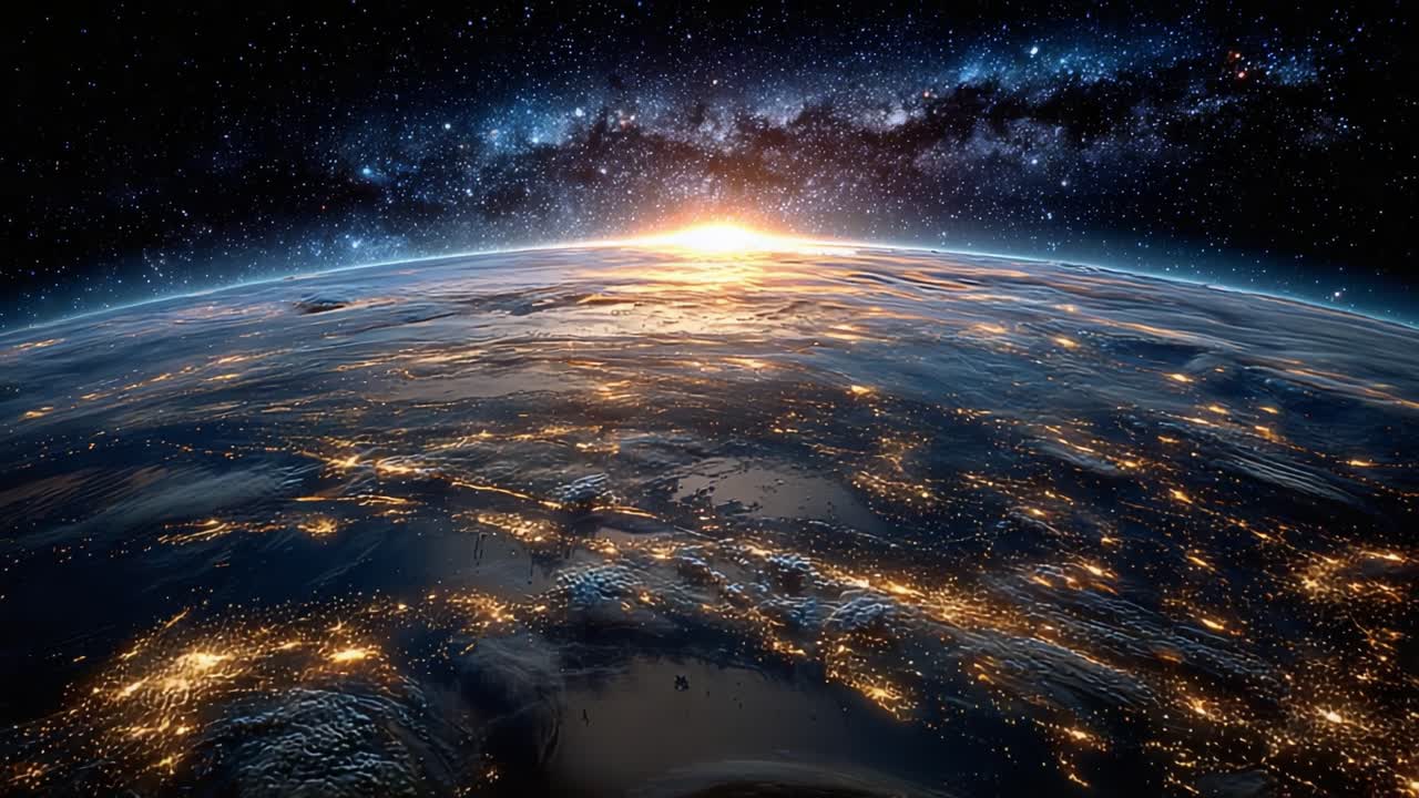 Stunning View of Earth from Space at Dawn: A Captivating Perspective Showing the Beautiful Transition from Night to Day with Illuminated Cities Below