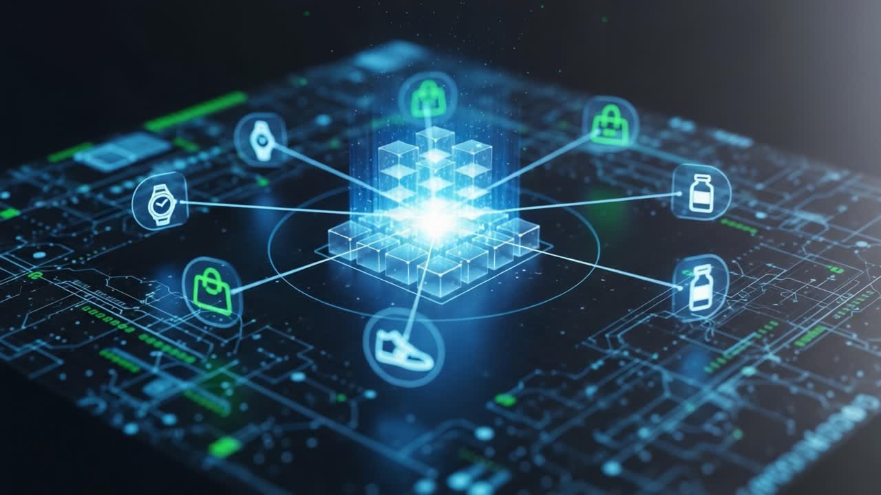 A Glowing Digital Network Visualizing Interconnected Data Points in a Futuristic Framework Representing Diverse Elements Such as Products and Information