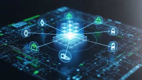 a glowing digital network visualizing interconnected data points in a futuristic framework representing diverse elements such as products and information