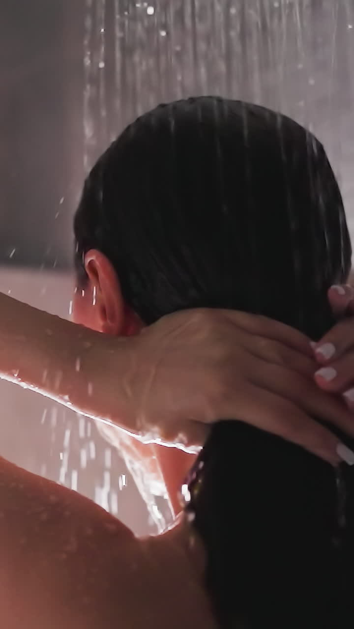 Young lady using modern shower to wash hair. Young lady enjoying refreshing shower in bathroom using water to wash brunette hair. Bathroom routine