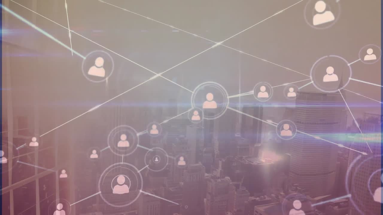 animación de la red de conexiones sobre el paisaje urbano