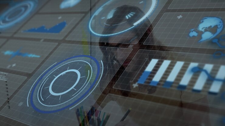 Data analyst writing on paper at desk, holographic finance charts and world map floating around