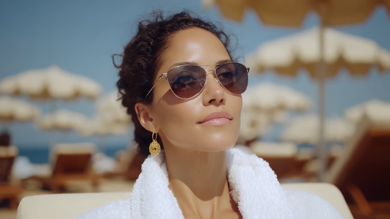 Un Momento di Relax in Spiaggia: Una Donna Baciata dal Sole con Occhiali da Sole alla Moda si Gode la Tranquillità di una Calda Giornata in Riva al Mare, Irradiando Sicurezza e Serenità.