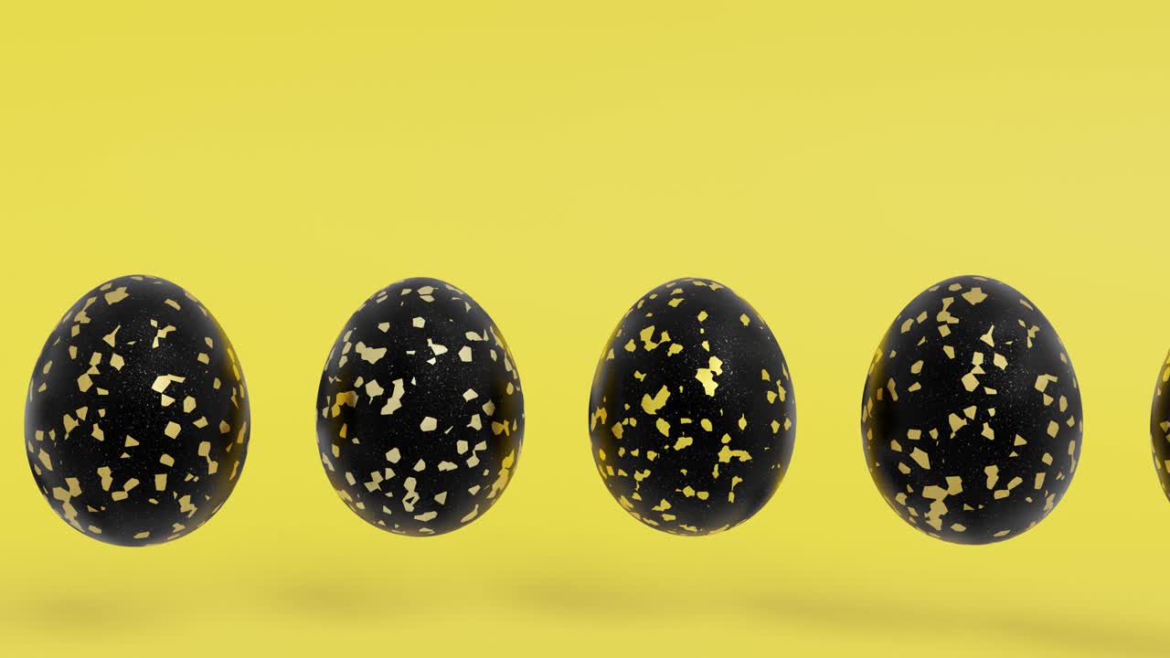 Black Easter eggs with abstract golden patterns on a yellow background. 3D render holiday concept animation. Seamless loop Easter background