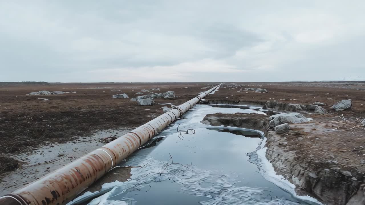 Opening aerial camera surveying rusty pipeline across tundra with frozen pools and cracked ice
