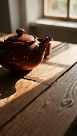brown ceramic teapot on a sunny wooden table