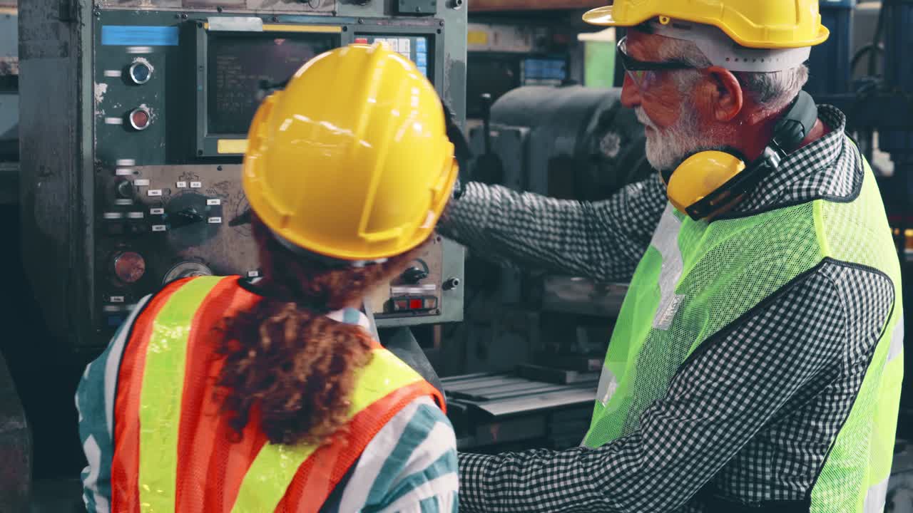 Group of factory workers using machine equipment in factory workshop