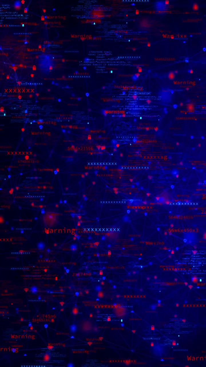 Rot-blauer Cyber-Warnnetzwerk-Hintergrund mit Alarmwörtern, Schlosssymbolen, leuchtenden Knoten und dunklem Design.
