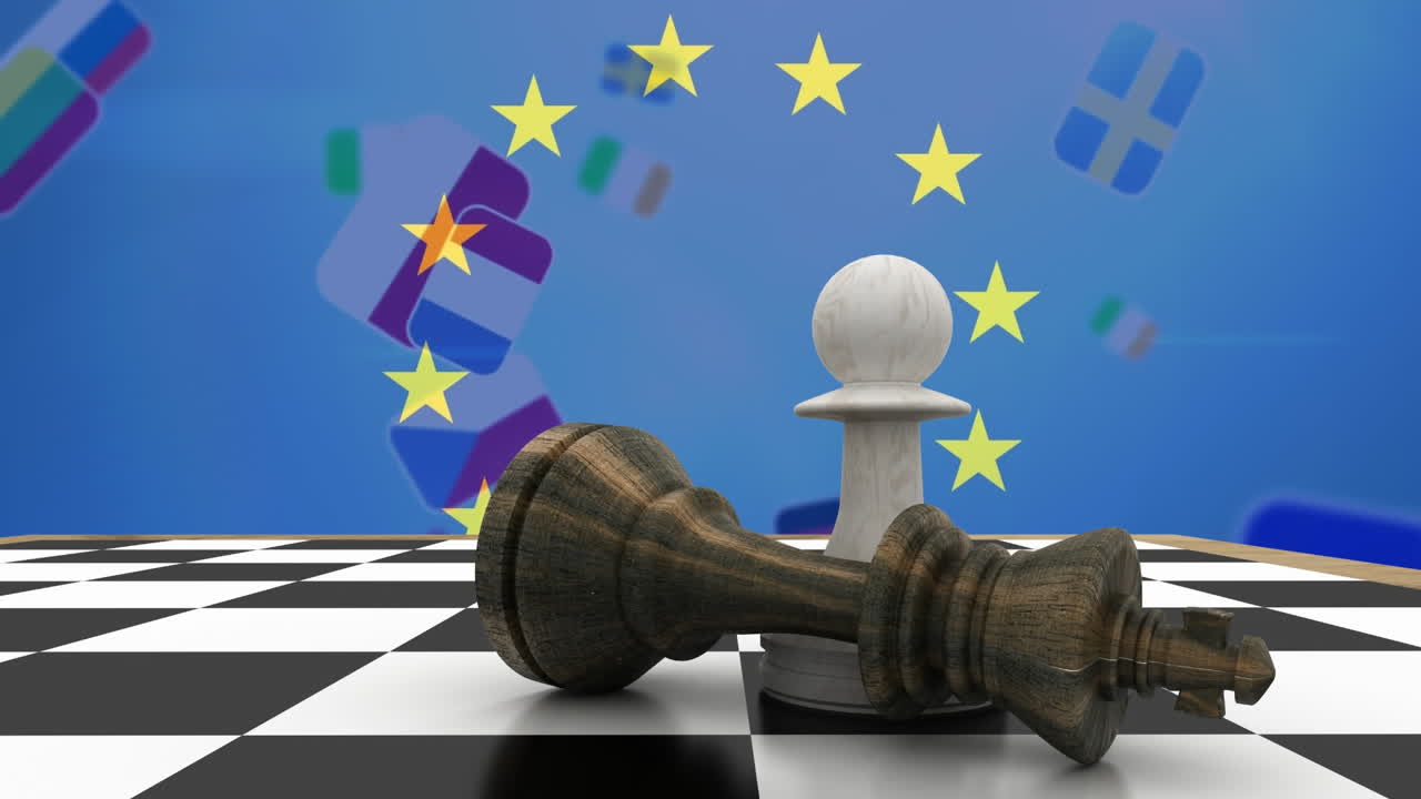 Animazione di un re caduto con un pedone e la bandiera dell'Unione Europea sopra bandiere di più nazioni che cadono.