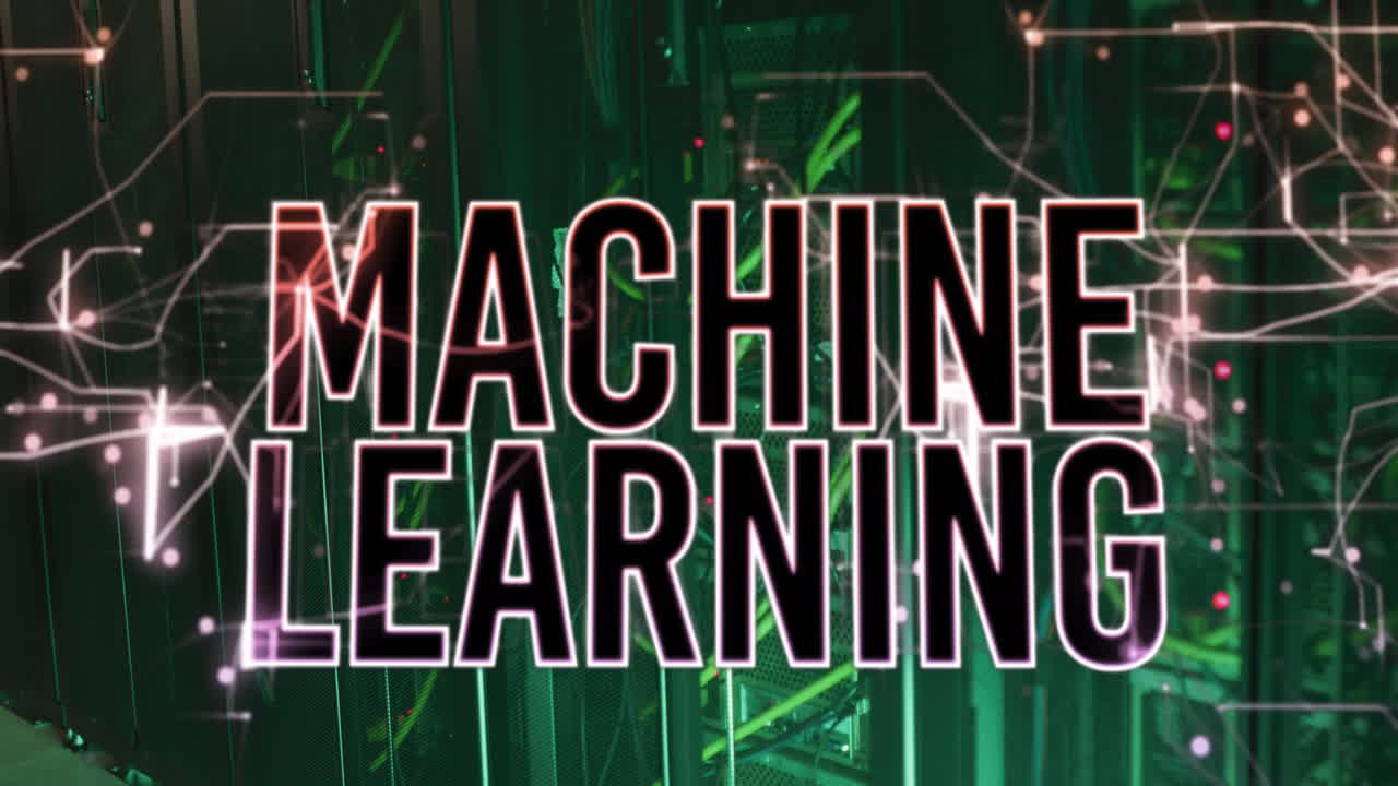 Animation of machine learning text over abstract patterns against illuminated server racks