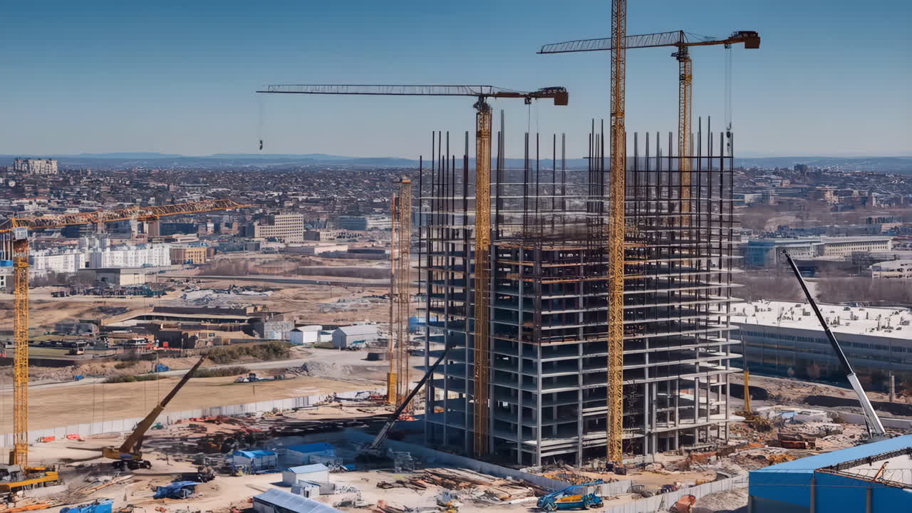High-rise Building Construction with Cranes and Cityscape