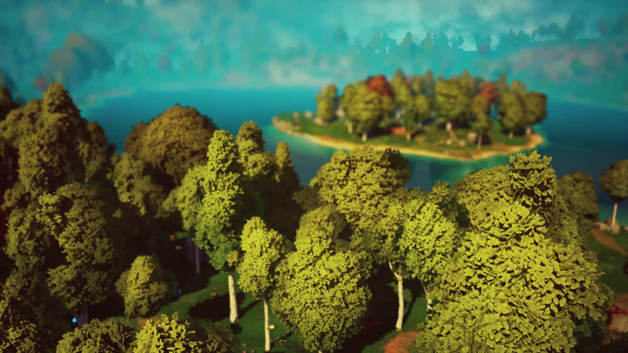 paisaje de bosque verde de dibujos animados con árboles y lago