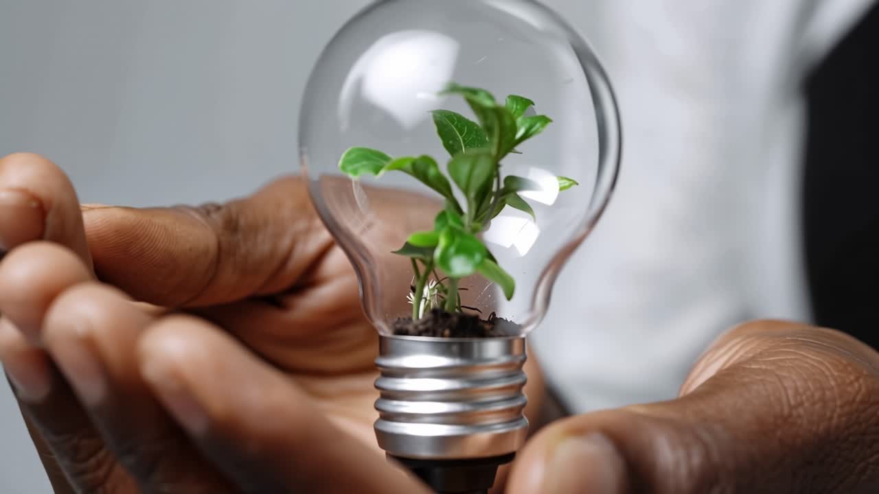 Hands cradle a glowing bulb with a tiny green plant inside. The plant thrives, symbolizing growth and sustainability. Quiet moment celebrates innovation meeting nature. Perfect for environmental