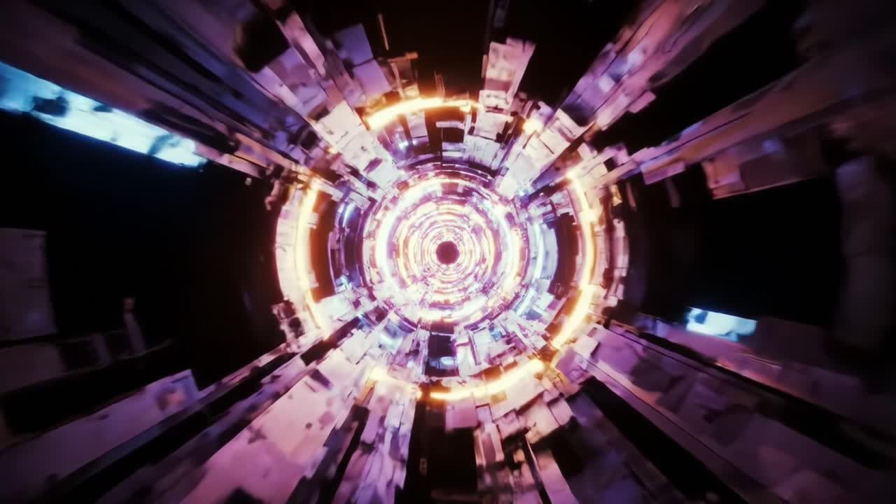 A Journey Through a Vibrant Digital Tunnel: Exploring Hypnotic Patterns of Light and Geometry in an Imaginary Futuristic Landscape