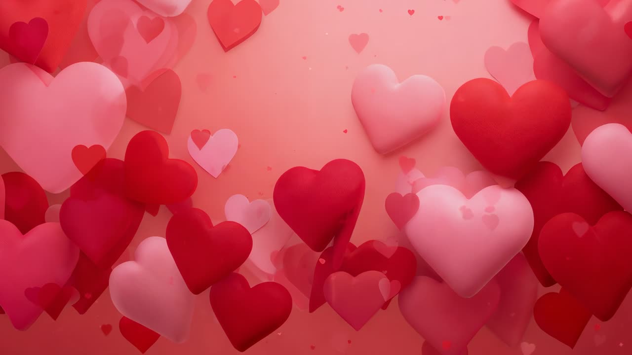 Gruppo di cuori a cerchio che fluttua verso l'interno su uno sfondo rosa, emettendo piccoli cuori, evocando romanticismo
