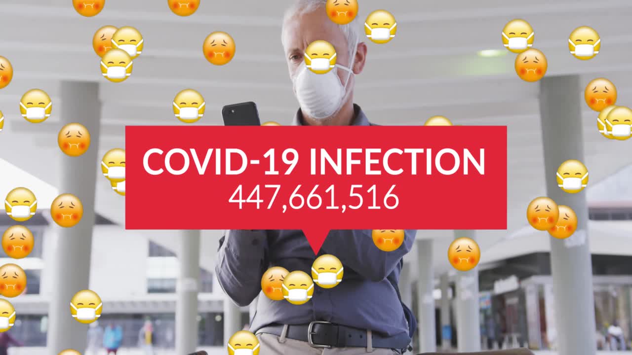 animación del texto de covid-19 sobre un hombre mayor que usa una máscara facial