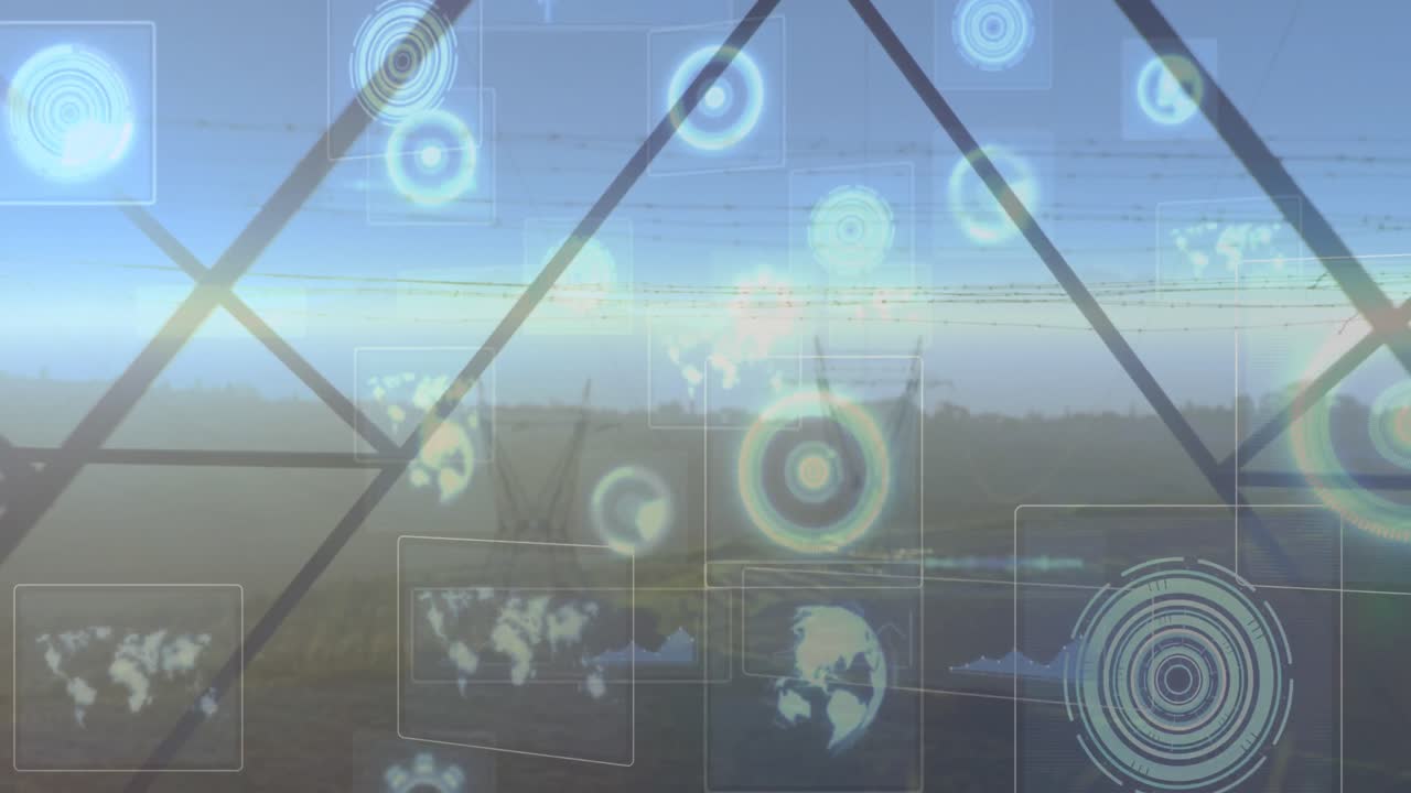 Animation of hud interface with circles, globe and map over electricity pylons on landscape