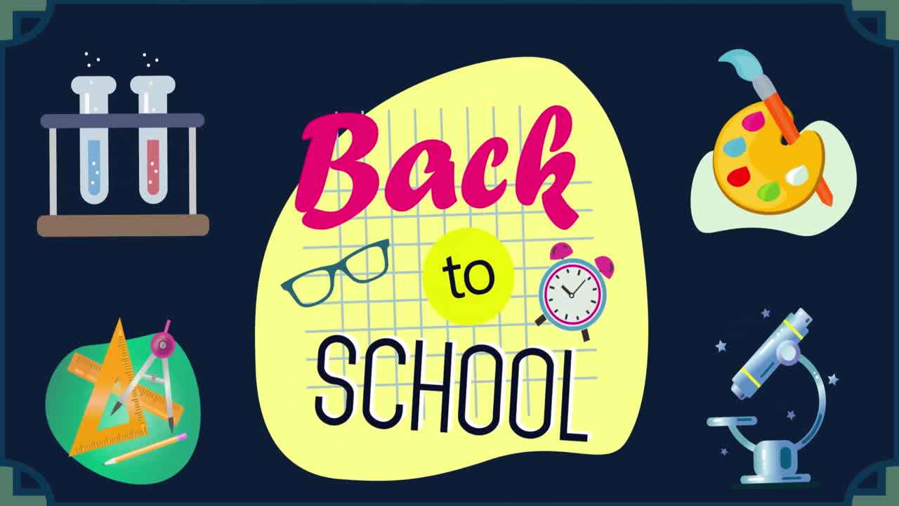 시험 튜브, 현미경, 컬러 팔레트 및 스케일로 학교 복귀 텍스트의 애니메이션