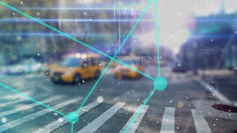 animación del procesamiento de datos y puntos sobre el paisaje urbano