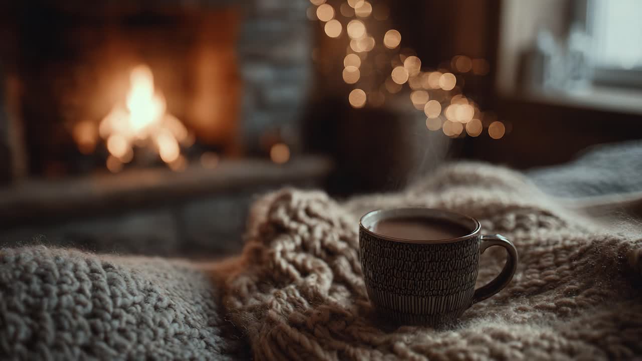 Cozy Winter Scene with a Warm Mug of Coffee Nestled in Soft Blankets Next to a Flickering Fireplace Surrounded by Twinkling Lights