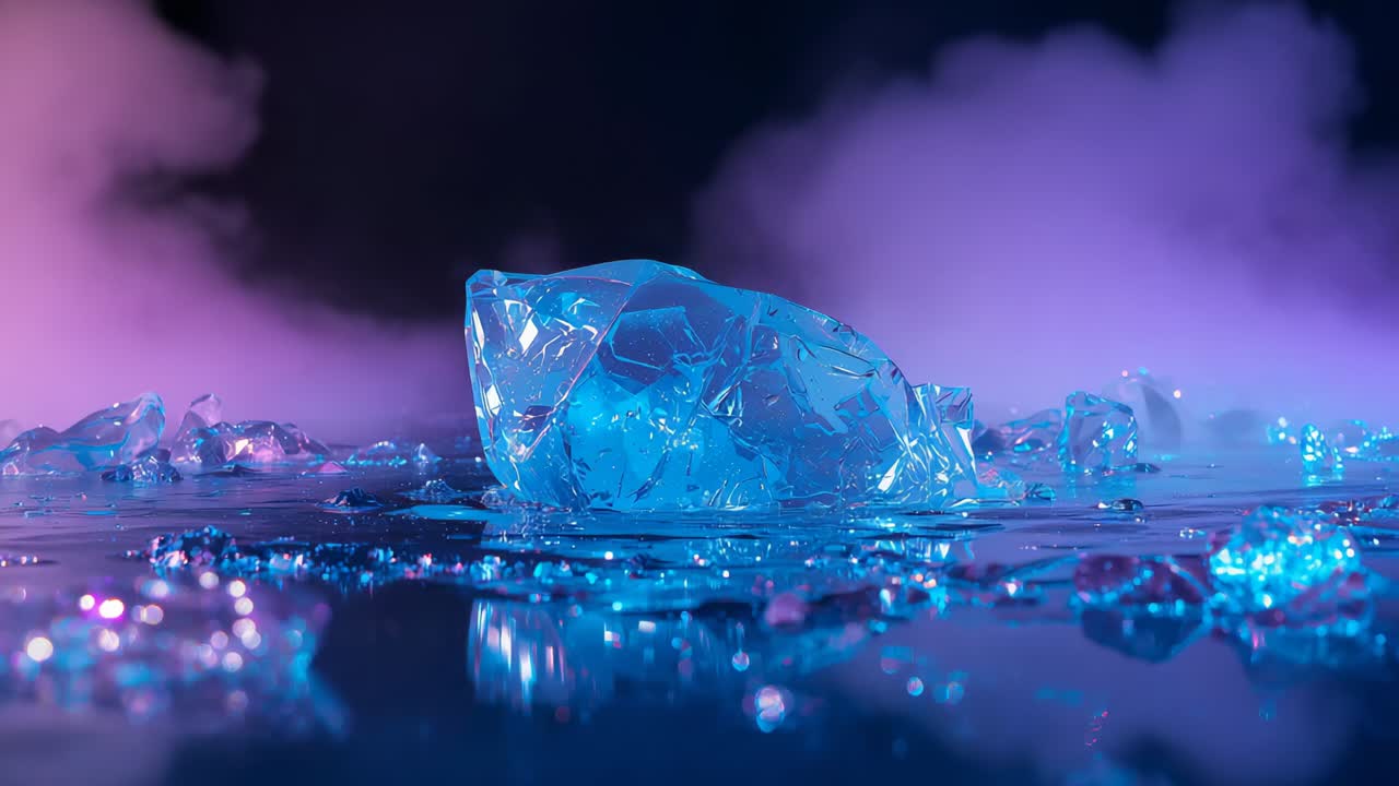 Activating haze machine producing smoke around ice chunk on tabletop shifting hues enhancing glow