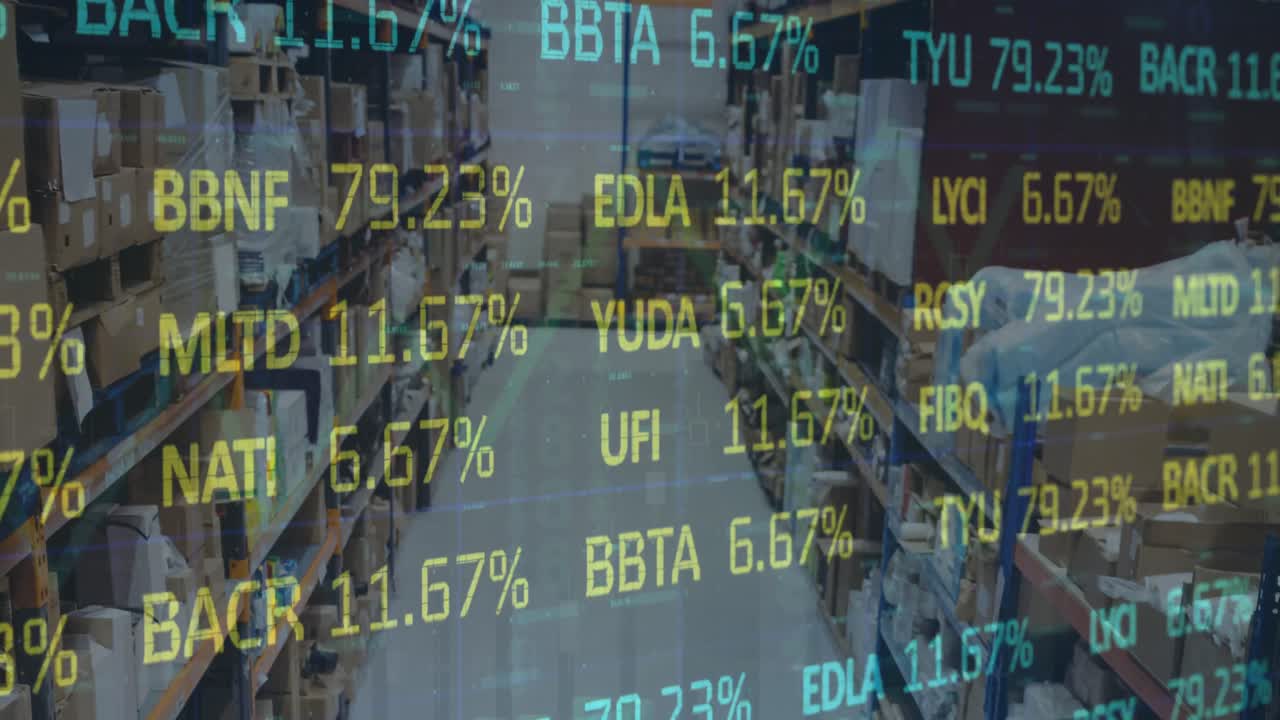 Animation von Börsen- und Finanzdatenverarbeitung über einer leeren Lagerhalle