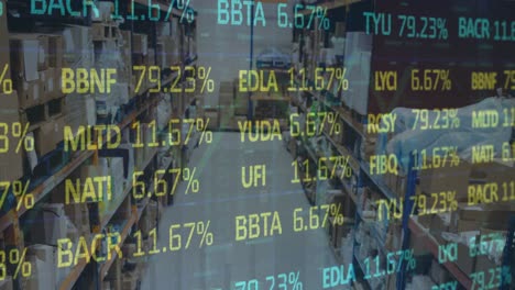 animation of stock market and financial data processing over empty warehouse