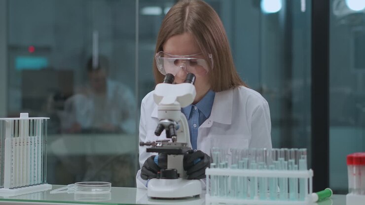 microbiologist woman is exploring sample in laboratory looking into microscope specialist of DNA analysis medical lab in university of virology