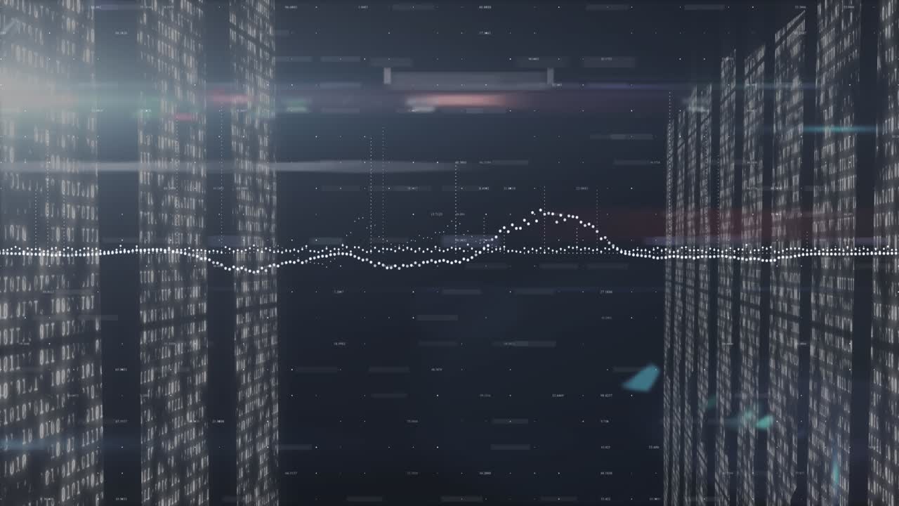 Animation of data processing, light and financial graph on black background