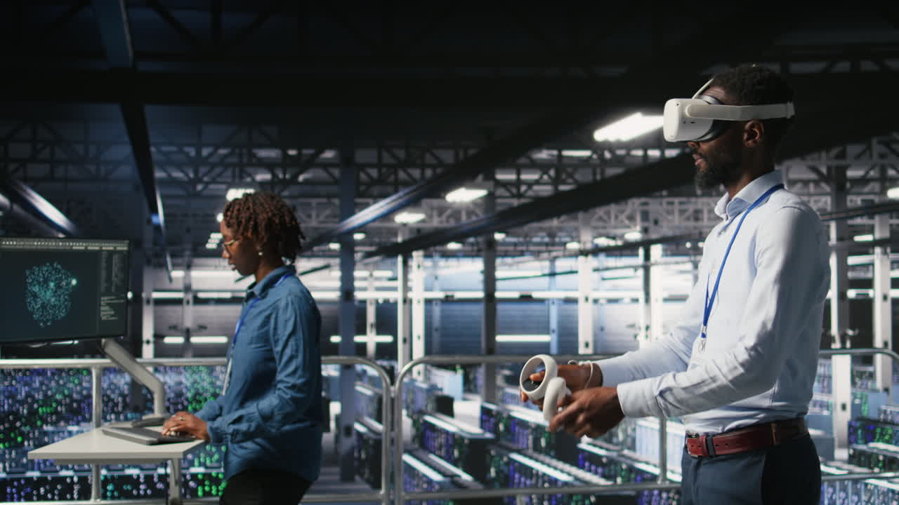 Data center admin using VR headset to monitor neural network AI systems
