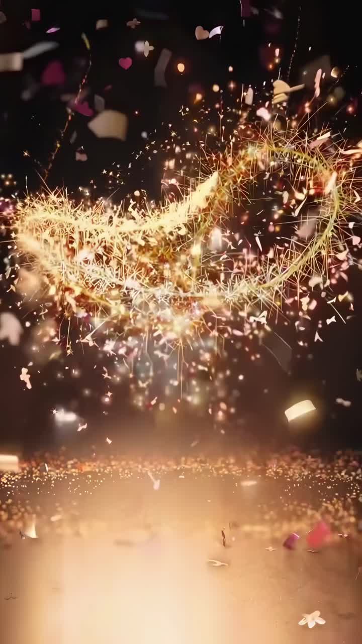 Una escena de video mágica y brillante con confeti, capturada desde un ángulo bajo en un estilo festivo