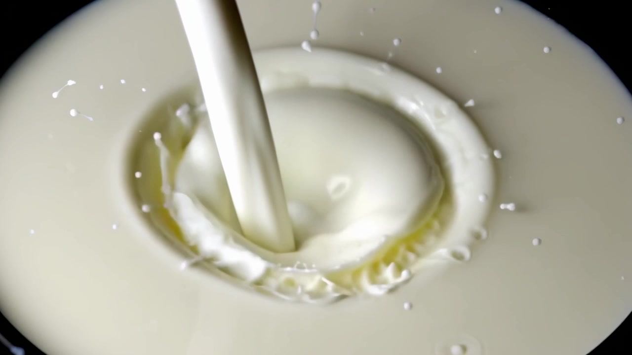 スローモーション：牛乳が注がれ、飛び散る様子をクローズアップ。