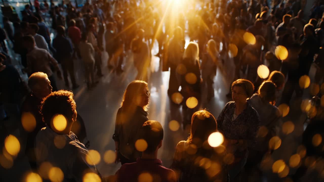 A Vibrant Gathering of People in a Lively Atmosphere, Bathed in the Warm Glow of Sunset Light, Highlighting Main Subjects Engaged in Conversation Amidst a Sea of Faces and Sparkling Elements