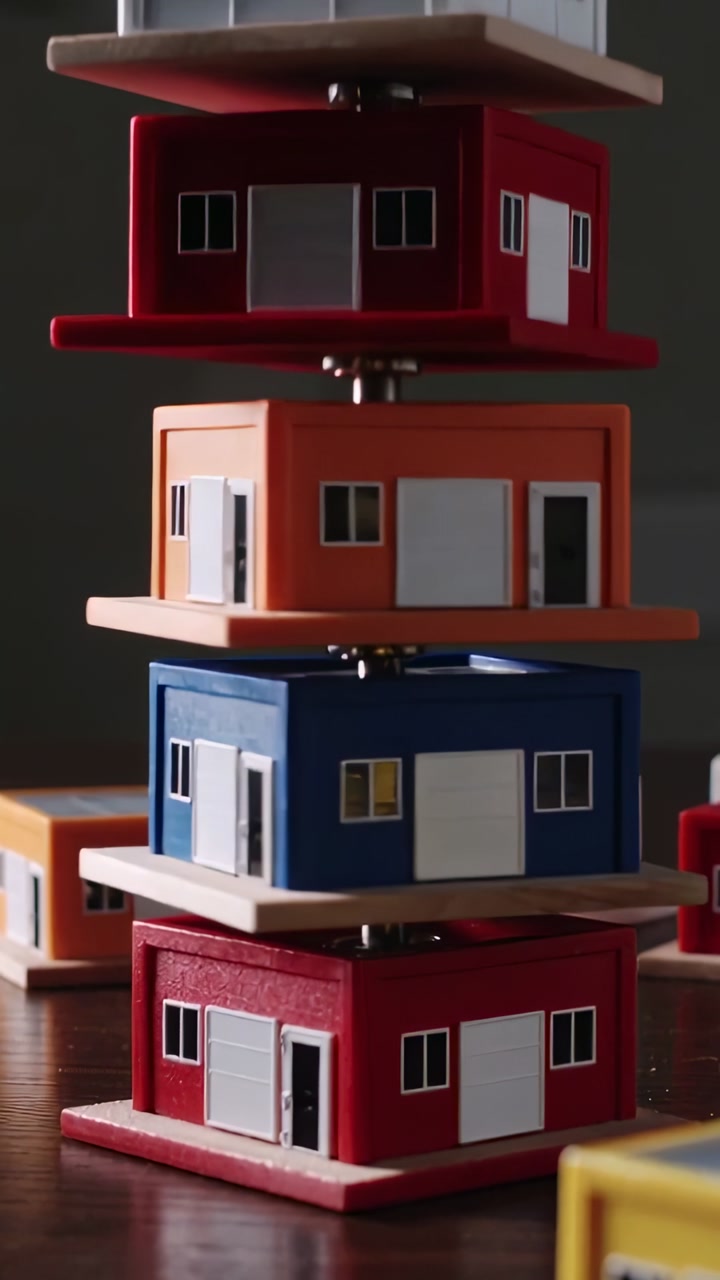 Vertical video: Stacking colorful modules after blue module placement on tabletop showing metal rod