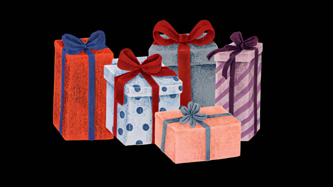 Colorful festive gift boxes illustration animation isolated asset, transparent 4K video, alpha