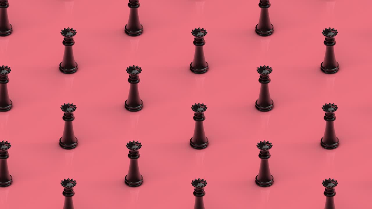 Queen chess pieces on pink background, isometric pattern, seamless looping