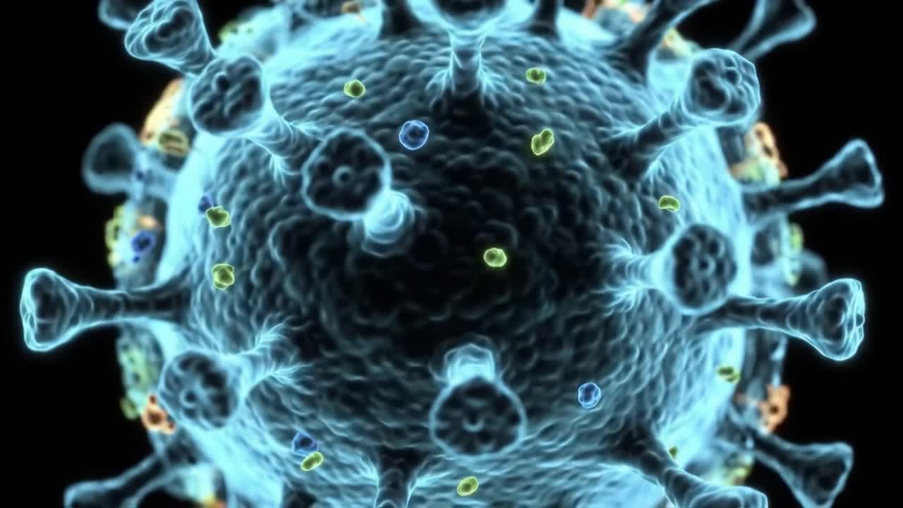 Detailed Visualization of a Viral Particle, Showcasing the Unique Structure and Surface Features of the Virus with Colorful Molecular Interactions, Perfect for Understanding Viral Biology