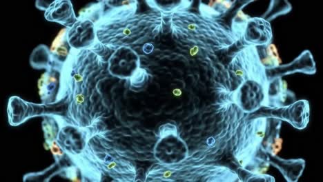 detailed visualization of a viral particle, showcasing the unique structure and surface features of the virus with colorful molecular interactions, perfect for understanding viral biology