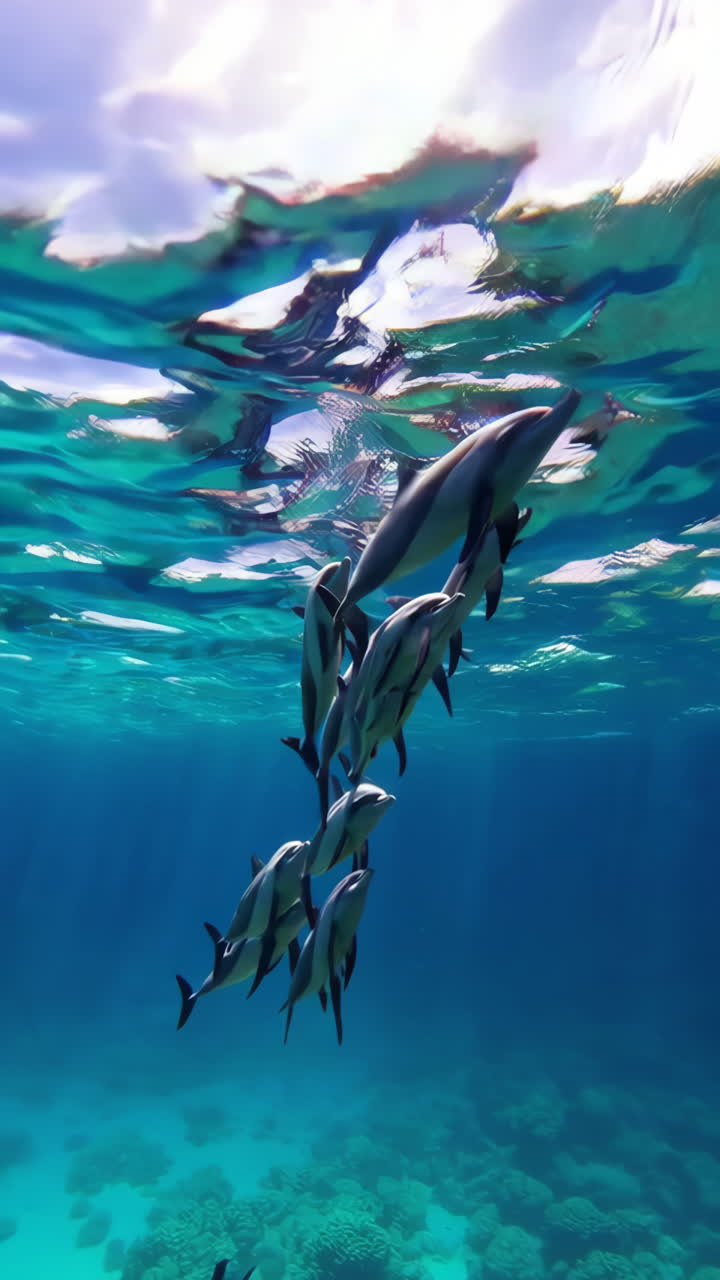 A school of dolphins gracefully swimming above a vibrant coral reef in the clear blue ocean
