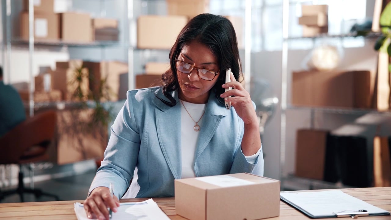 Businesswoman Talking on Phone and Checking Shipping Label in Warehouse
