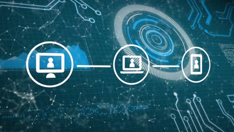 Animation-Von-Symbolen-Mit-Netzwerk-Von-Verbindungen,-Scope-Scanning-Und-Datenverarbeitung