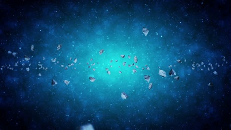 volando muchos asteroides en el fondo del espacio profundo. explosión de salpicaduras rotas. el cielo estrellado. animación 3d de meteoritos girando. animación de bucle.